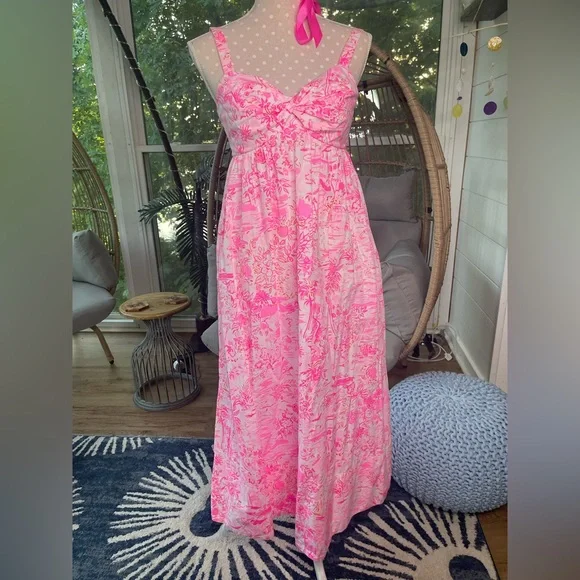 lilly pulitzer azora cotton midi dress Lilly Pulitzer Azora Peony Pink Seaside Scene Cotton Midi Dress Ladies 6 NWT